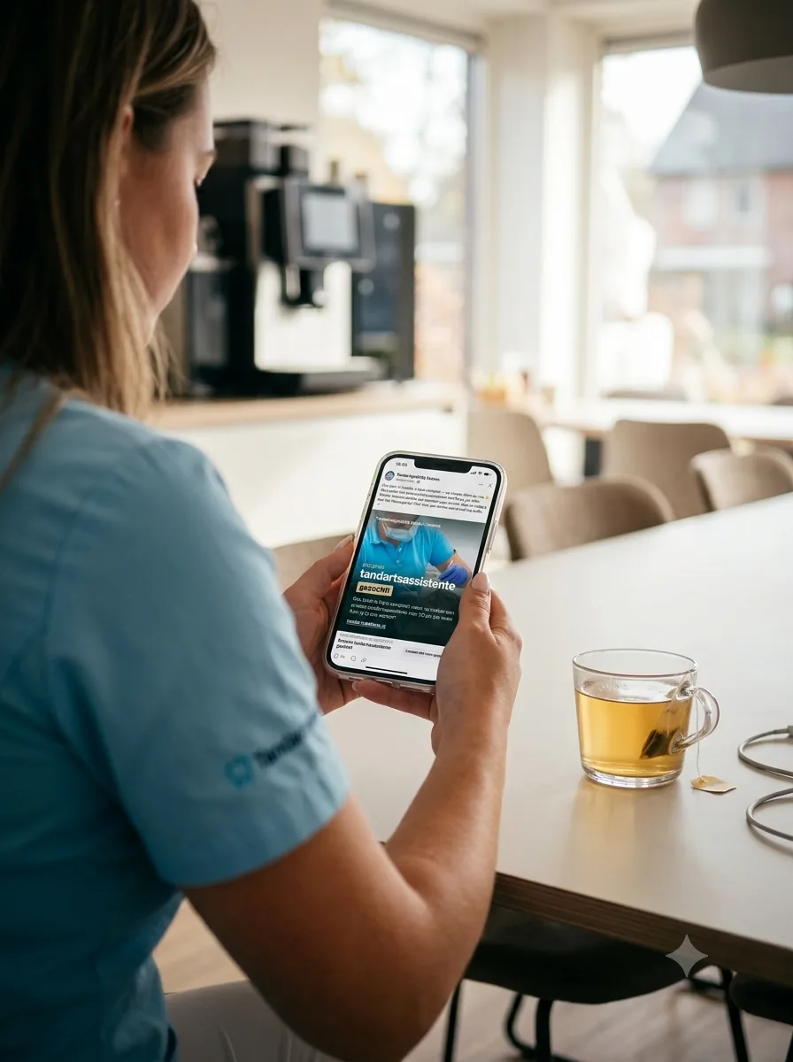 Een tandartsassistente bekijkt op haar telefoon de Facebook-advertentie van Tandartspraktijk Dekens.